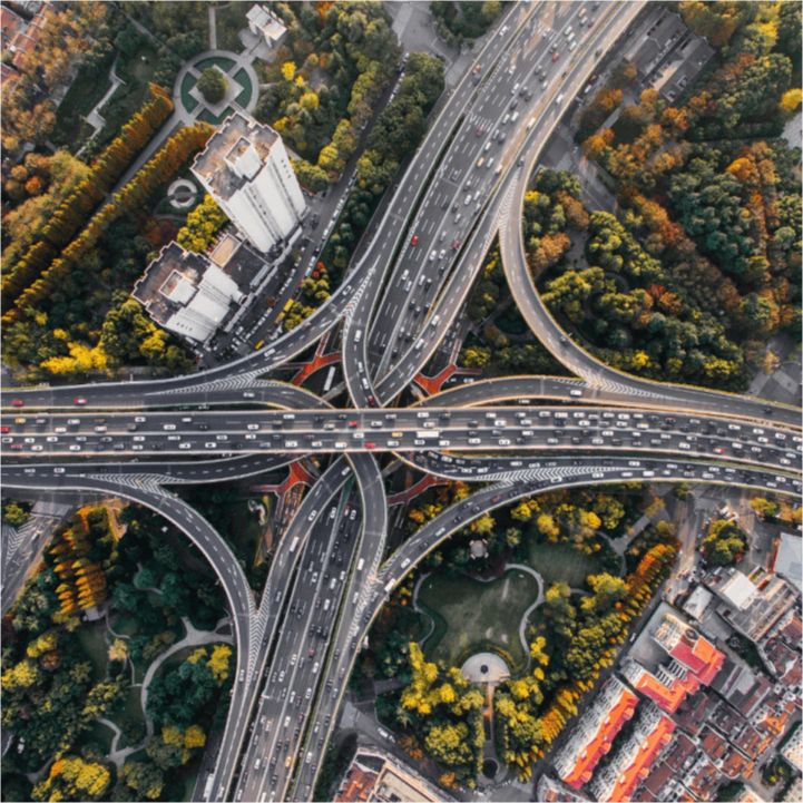 an aerial view of a busy highway opt
